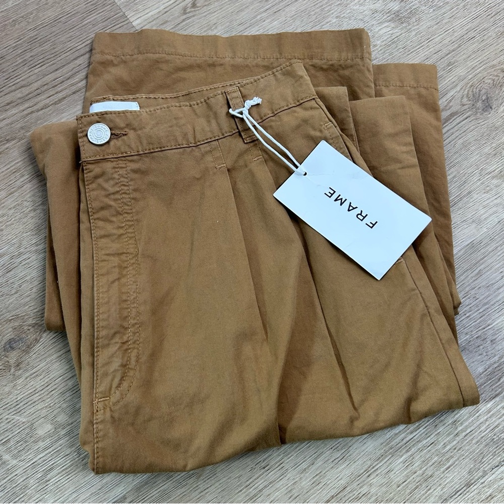 NWT FRAME Denim 100% Cotton Pleated Trouser Tan High Rise Pant Size 27